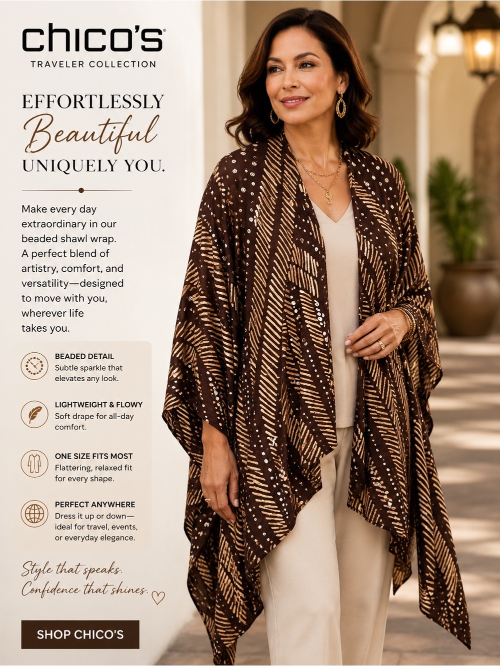 Chico's Shawl Wrap Cardigan Ruana Kimono Women's One Size OS Brown Tan Beaded